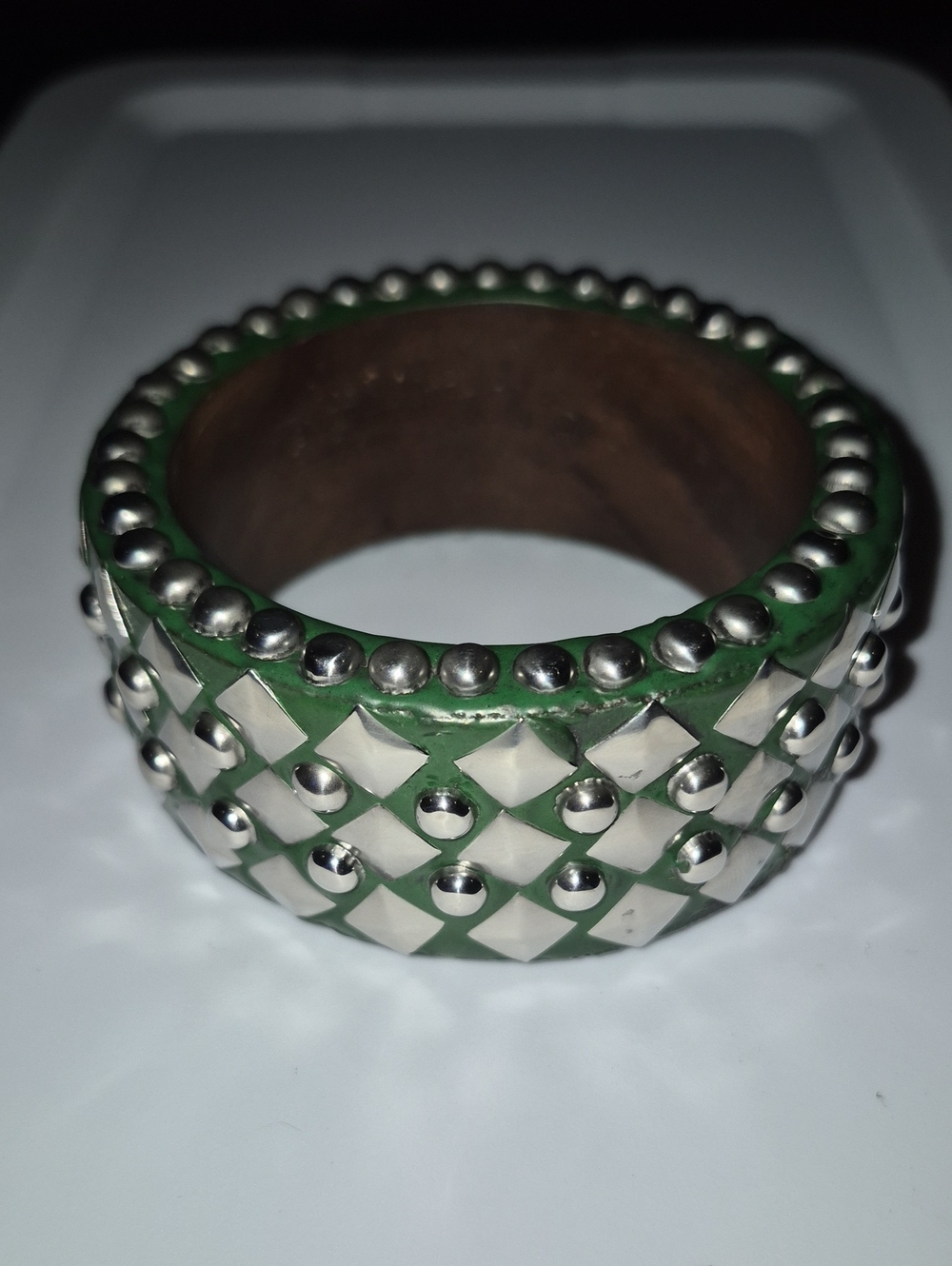 Handmade Wooden Green Studded Wide Bangle Bracelet - Women Accessories - Picture 2 of 2